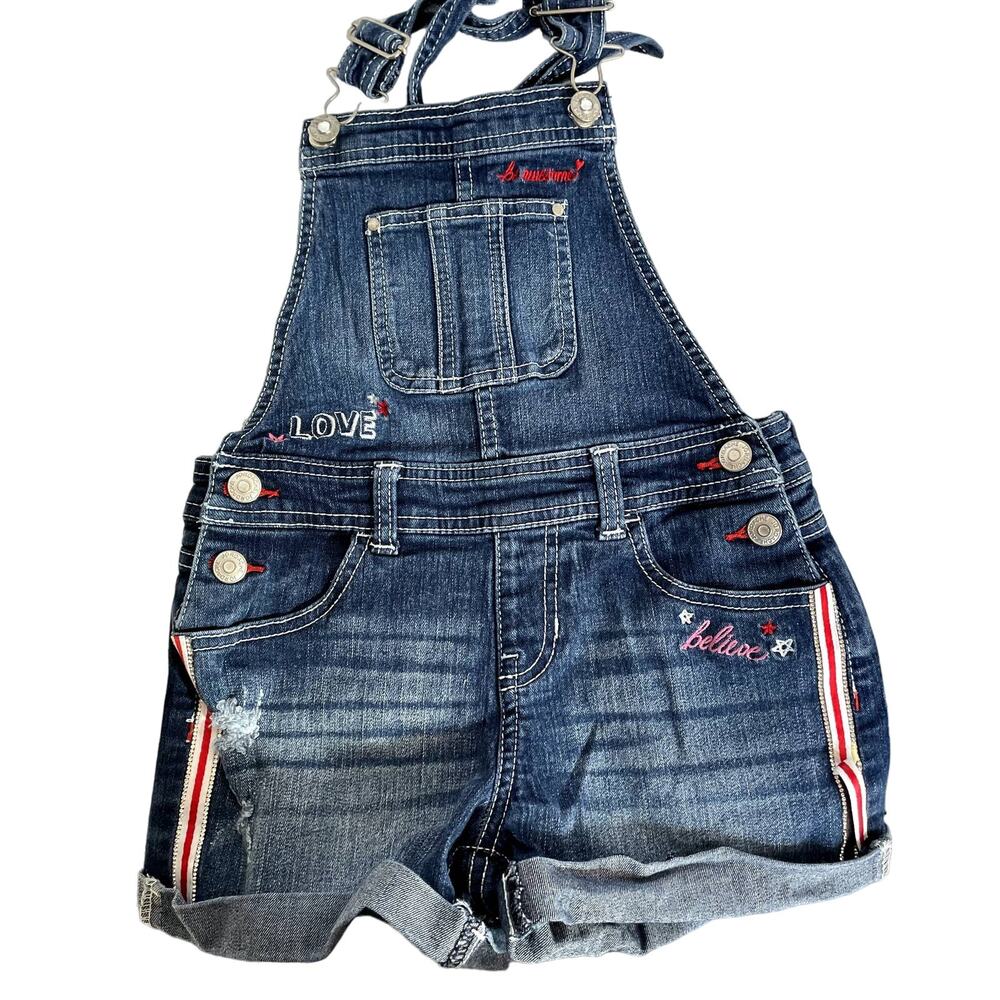 Jordache Girls' Overall Shorts Size M (7-8) Blue Denim Embroidery